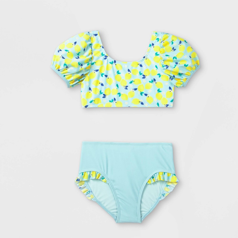 SIZE MED 7/8 Girls' Lemon Print with Puff Sleeve Bikini Set - Cat & Jack Blue M