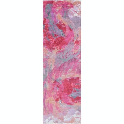 Arles Bright Pink and Gray Stain-Resistant Polyester Runner Rug 2'6" x 8'