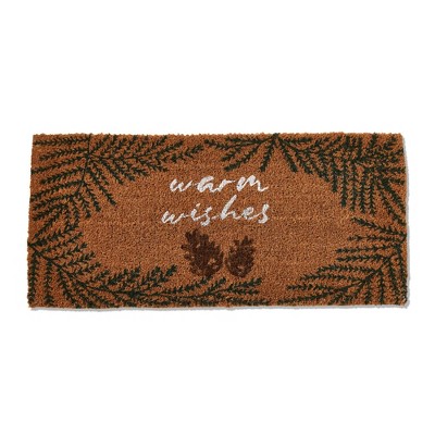 tagltd 1'6"x3'3" Warm Wishes Sentiment Pine Cone Rectangle Indoor Outdoor Estate Coir Door Welcome Mat Green on Brown Background