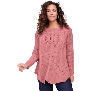 Roaman's Women's Plus Size Scallop Hem Pointelle Sweater - 1 of 2