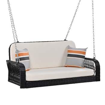 Hanging Porch Swing With Removable Cushion Covers, 2 Durable Metal Chains, Seat And Back Cushion, 2 Pillows