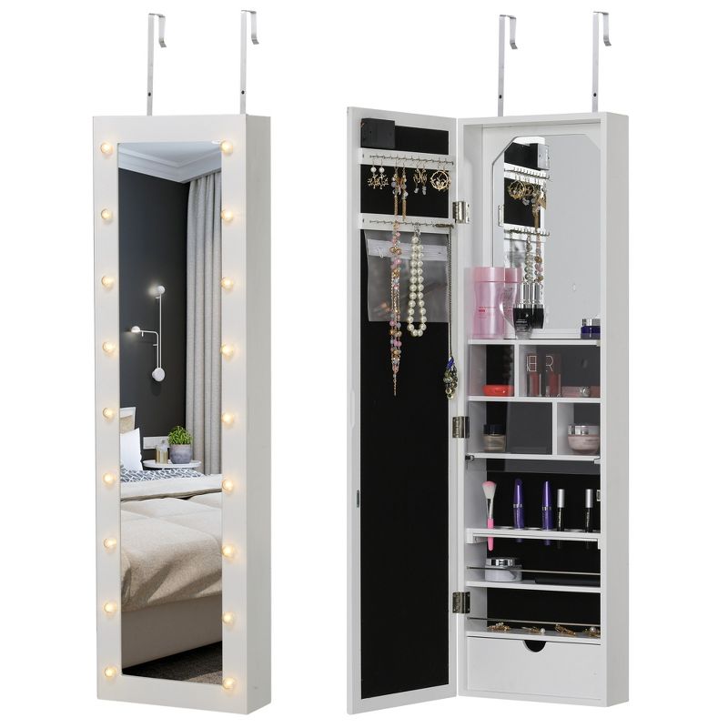 HOMCOM Jewelry Armoire with Mirror and 18 LED Lights, Wall-Mounted/Over-The-Door Cabinet with 3 Mountable Heights, White, 4 of 7