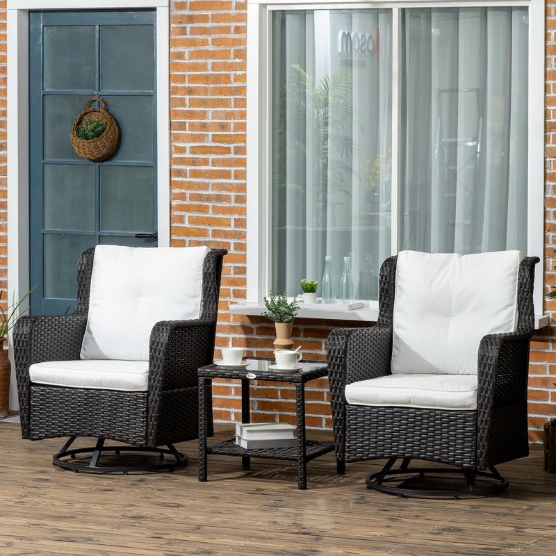 Outsunny 3-Piece Patio Bistro Set, PE Rattan Wicker Outdoor Furniture, Soft Cushions, 2 360 Swivel Rocking Chairs, 2-Tier Coffee Table, 3 of 7