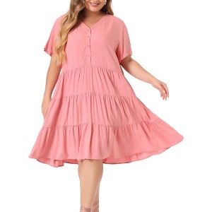 Agnes Orinda Women's Plus Size Tiered V Neck Short Sleeve Summer Casual Buttons Dresses - 1 of 4