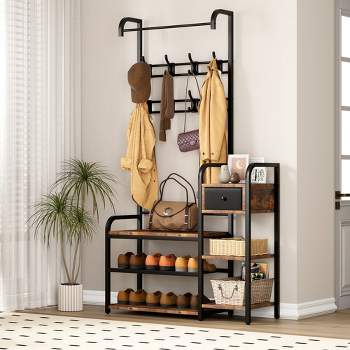 Hall Tree Storage Bench for Entryway, Coat Rack Cloth and Shoe Bench with Drawer for Small Spaces, Bedroom 5-in-1 8 Hooks Coat Rack Storage Shelf