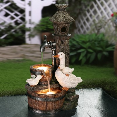 Rustic Farmhouse Ducks and Birdhouse Resin Outdoor Water Fountain with Lights