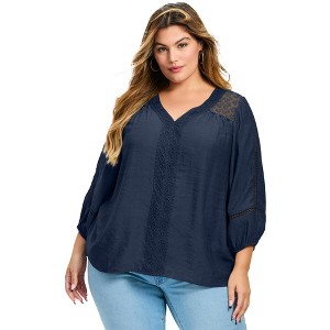 Avenue Women's Plus Size Embroidered Lace Detail Peasant Blouse - 1 of 4