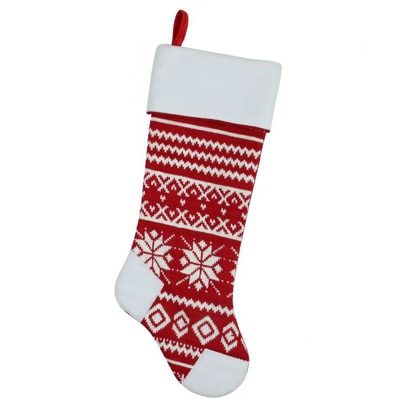Northlight 21.5" Red and White Knitted Snowflake Christmas Stocking with Fleece Cuff, 1 of 5