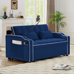 54.7'' Velvet Foldable Recliner Double Seat Sleeper Sofa with USB Port, Side Pockets, and Adjustable Backrest - 1 of 4