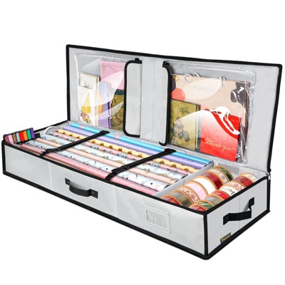 40" Christmas Wrapping Paper Storage Bag with Flexible Partitions & Pockets,Red/Gray-HOMLUX