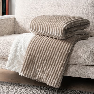 Taupe Twin Reversible Sherpa Fleece Blanket with Ribbed Design
