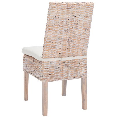 White Upholstered Rattan Side Chair with Natural Wood Legs