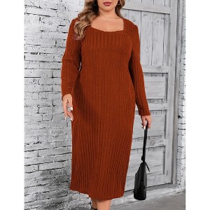 Women's Plus Size Sweater Dress Square Neck Long Sleeve Casual Fall Winter Tunic Knit Midi Dress - 1 of 4