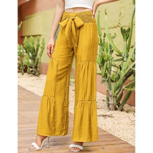 Coolmee Women's Pant Wide Leg High Waist Pants Loose Elastic Smocked Waist Flowy Pant With Belt - 1 of 4