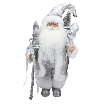 Northlight 12" White and Silver Santa Claus with Staff and Gift Bag Christmas Figure