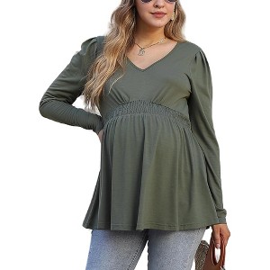 Clearlove Women's Maternity Tops Long Sleeve V Neck Front Pleat Peplum Tunic Top - 1 of 4