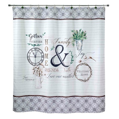 Farmhouse White and Gray Polyester Shower Curtain with Hooks Set