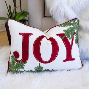 JOY Embroidered Christmas Throw Pillow ,14x20" Velvet Lumbar Cushion in Red and White with Green Holiday Accents - 1 of 4