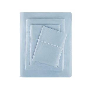 Badgley Mischka Split King 4pc 300TC Tencel Sheet Set Light Blue: Includes 2 Pillowcases, Cotton Canvas Construction - 1 of 3