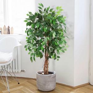 Artificial Ficus Tree, Lush Faux Plant with Black Pot, 2-Trunk Fake Indoor Outdoor Decor - 1 of 4