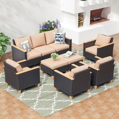 VisioGear 9-Piece Sofa Set with Ergonomic Backrest, Outdoor Furniture with Two Single Sofa, Beige, 30"*23.8"*30.7"