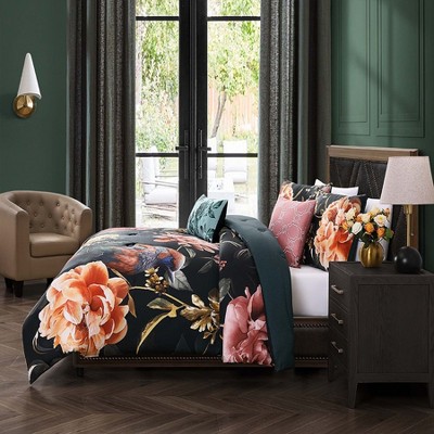King Black Cotton Reversible Comforter Set with Floral Design