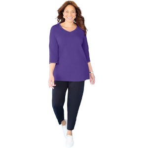 Catherines Women's Plus Size Suprema Studio 3/4 Sleeve Studded V-Neck Tee - 1 of 3