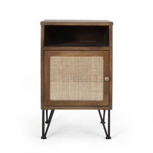 Pilster Contemporary End Table with Storage Walnut/Natural/Black - Christopher Knight Home: Sled Legs, Rattan Accents, Cabinet - 1 of 4