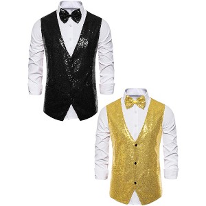 Lars Amadeus Men's Glitter Sequin Sleeveless Suit Vest Set with Bow Tie 2 Packs - 1 of 4