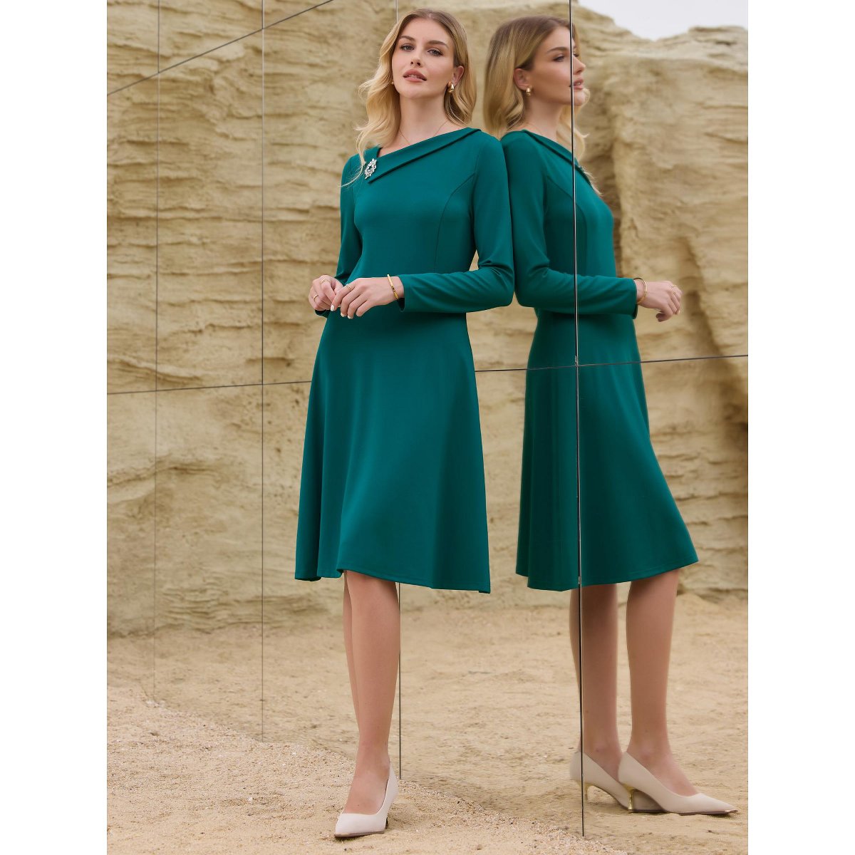 Женские платья INSPIRE CHIC Women's Elegant A-Line Asymmetrical Neckline Wear to Work Flare Dress X-Large Peacock Blue — фото 3