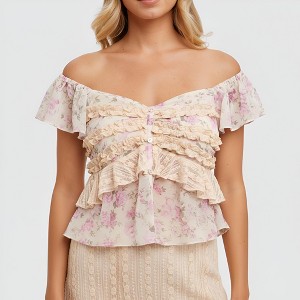 Knit & Lounge Women’s Off Shoulder Ruffle Floral Top Layered Lace Trim Soft Woven Fabric Button Front Detail Feminine Flowy - 1 of 4