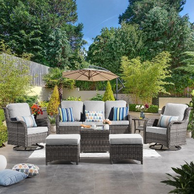 XIZZI Wicker Patio Furniture Set with 3-Seat Sofa, Swivel Rocking Armchairs & Ottomans & Side Table, Modular Sectional Outdoor Conversation Sofa Set