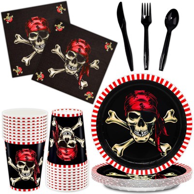 DYLIVeS Pirate Party Supplies,Pirate Themed Party Decorations Skull Corssbone Pirate Birthday Party Tableware Set, Paper Plates Napkins Cups Cutlery