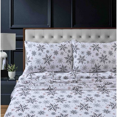 King Printed Pattern Extra Deep Pocket Heavyweight Flannel Sheet Set Snowflake - Tribeca Living