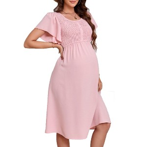 Women's Maternity Square Neck Smocked Dress Summer Short Sleeve Casual Flowy Midi Dress Photoshoot Baby Shower - 1 of 4