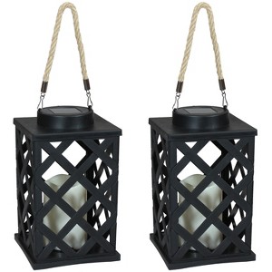 Sunnydaze Outdoor Modern Crosshatch Hanging Tabletop Solar LED Rustic Farmhouse Decorative Candle Lantern - 9" - 1 of 4