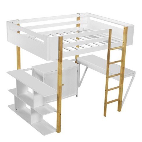 Twin/Full Size Loft Bed Solid Wood Loft Bed Frame With Foldable Desk High Bedframe With Guardrails Built-in Storage Cabinet Cubes Shelves For Kids - image 1 of 4