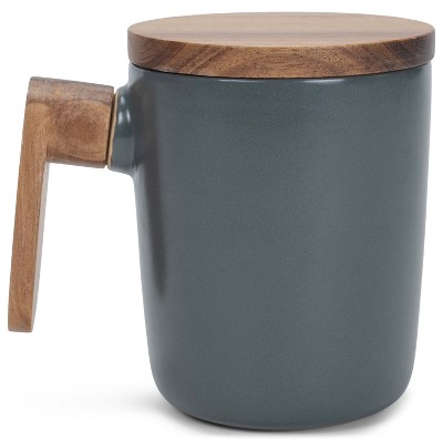 Nat & Jules Japanese Style Grey 12 ounce Stoneware Wood Handled Mug With Coaster Lid