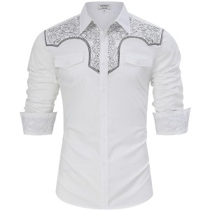 Men's Cowboy Shirt Western Floral Embroidered Casual Button Down Long Sleeve Shirts with Pockets - 1 of 4