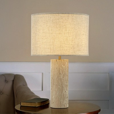 ALOADECOR 1-Light 22'' Modern Coastal  Natural Cylinder Travetine Table Lamp With Beige Linen Shade For Bedroom and Living Room