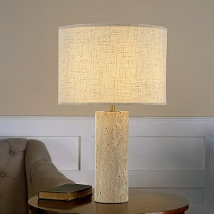 ALOADECOR 1-Light 22'' Modern Coastal  Natural Cylinder Travetine Table Lamp With Beige Linen Shade For Bedroom and Living Room - 1 of 4