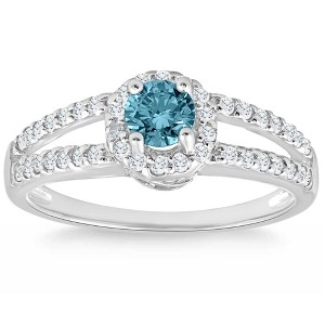 Pompeii3 3/4ct Halo Split Shank Treated Blue Diamond Engagement Ring 14K White Gold - 1 of 4