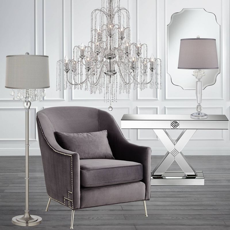 360 Lighting Modern Floor Lamp 62.5" Tall Satin Steel Chrome Crystal Chandelier Platinum Gray Silk Drum Shade for Living Room Reading Bedroom, 4 of 6
