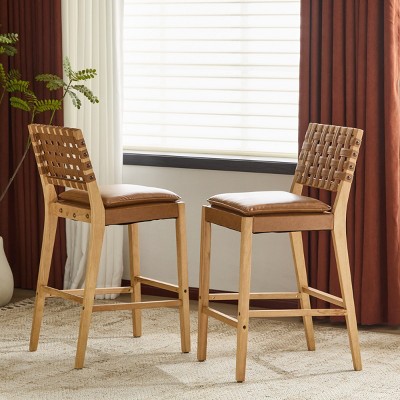 Set of 4 Wooden Counter Height Barstools,PU Upholstered Barstools with Rubberwood Frame and Rivet Cross Back for Kitchen Island-Baofuwish