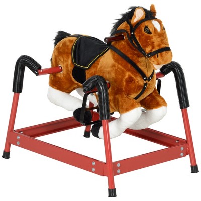 Qaba Spring Rocking Horse, Kids Ride on Horse, Plush Horse Ride-on with Sounds, Foot Stirrups, Saddle & Reins
