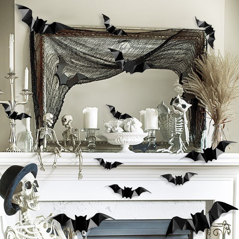 128 Pcs Bats Sticker Halloween Party Supplies Decorations, 4 Sizes Realistic 3D Bats Wall Decor, 4 of 5
