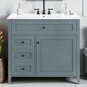 Mshliw 36" Freestanding Bathroom Vanity with Sink, 3 Drawers & Adjustable Shelf, MDF & Rubberwood Cabinet, Faucet Not Included - 1 of 4