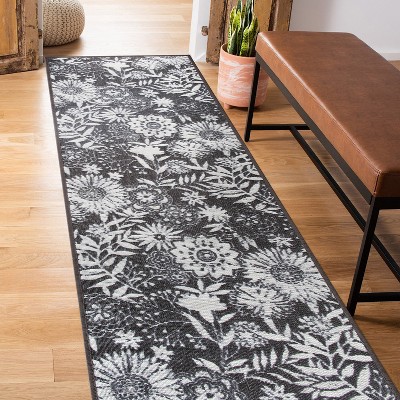 Gray Floral Flat Woven Reversible Indoor/Outdoor Rug