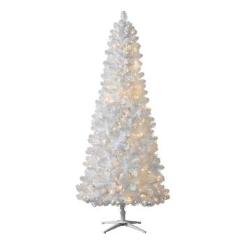 Treetopia All Snowed In White 8 Foot Artificial Prelit Slim Narrow Christmas Tree Holiday Decoration with White LED Lights, Premium Stand & Foot Pedal