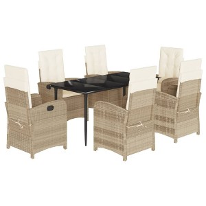 vidaXL 7 Piece Patio Dining Set - Beige/Black Reclining Poly Rattan Chairs with Cushions and Tempered Glass Table for Outdoor, Garden, Patio, Backyard - 1 of 4